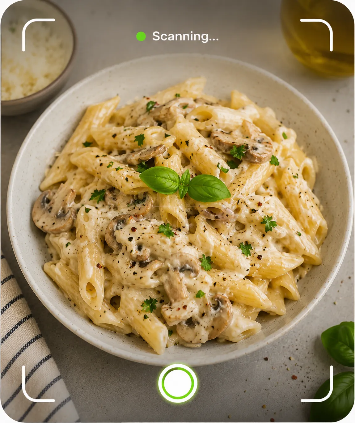 Phone camera scanning a plate of creamy mushroom pasta for instant nutrition breakdown